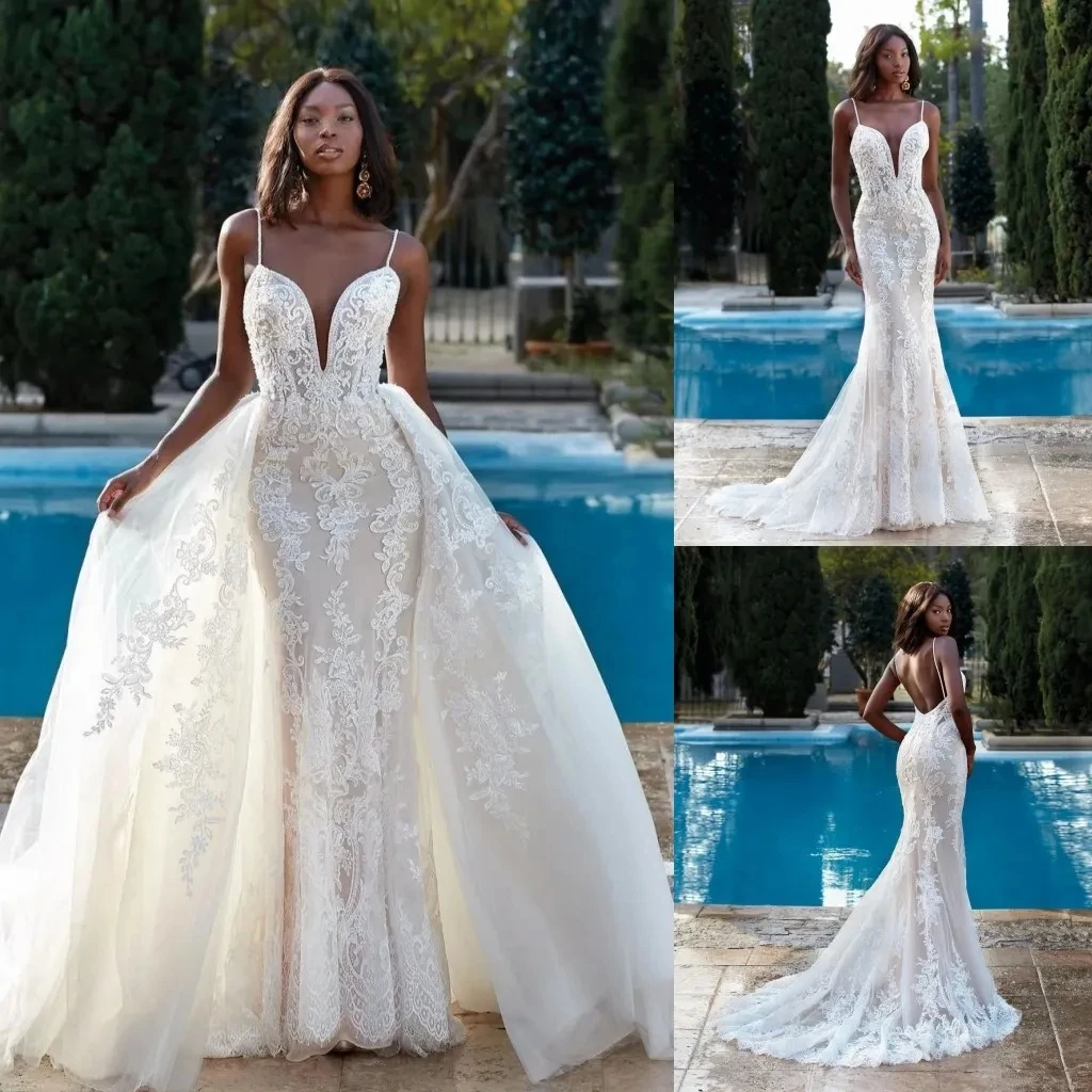 

Sexy Mermaid Wedding Dress Appliques Spaghetti Strap Bridal Gowns Detachable Train Custom Made Vestido De Novia