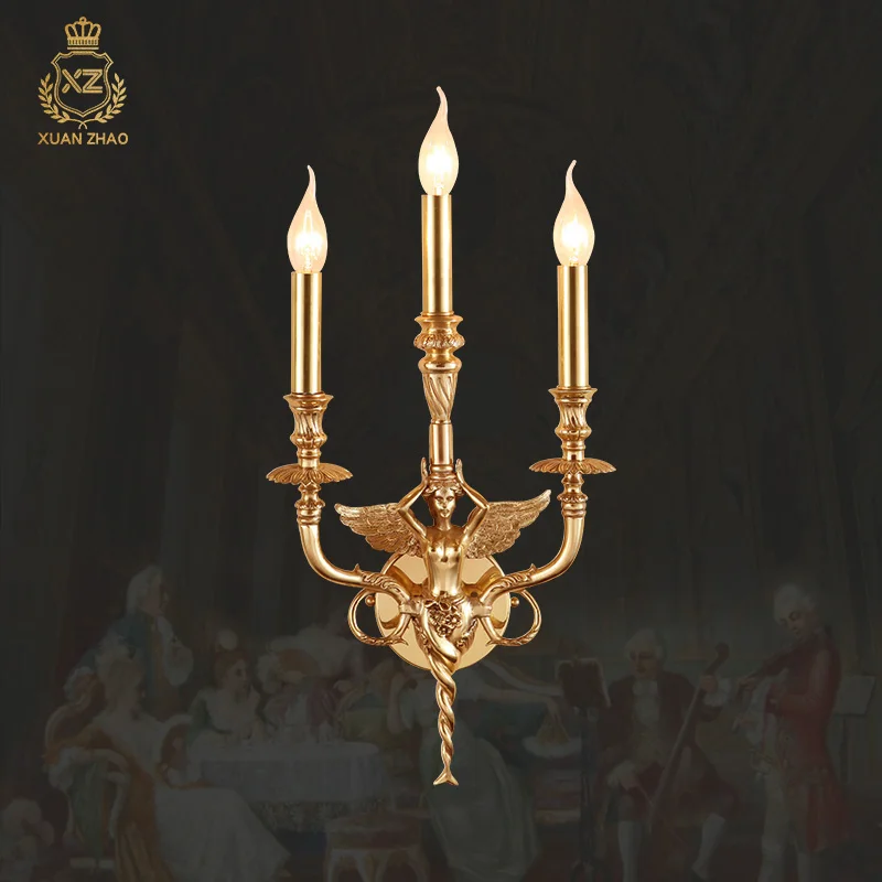 French Vintage Angel Indoor Brass Corridor Wall Lamp Villa Apartment Living Room Bedroom Staircase 3 Head Candle Wall Light
