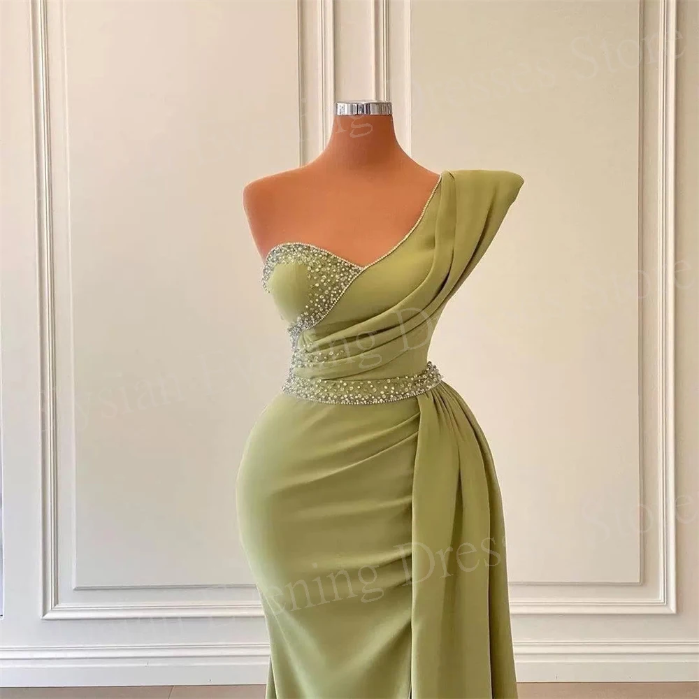 Fascinating Green Women\'s Mermaid Pretty Evening Dresses One Shoulder Customized Prom Gowns Sleeveless Beaded Special Occasions