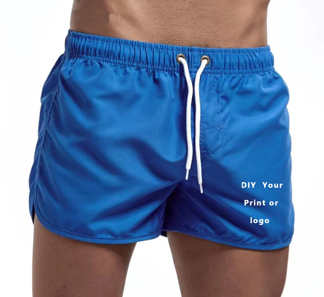 Custom Logo Men\'s Swim Trunks Beach Shorts Drawstring with Mesh Lining Elastic Waist Plain Breathable Soft Casual Shorts