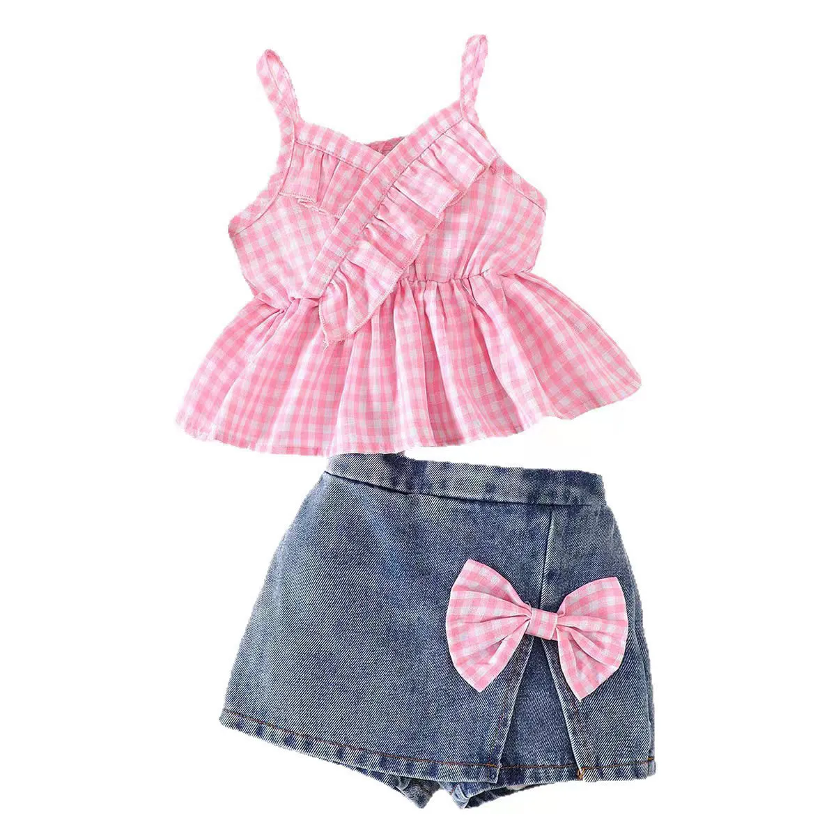 Girls Summer 2 Piece Set Pink Plaid Suspender Top Bow Knot Denim Shorts Kids Fashion Matching Outfit