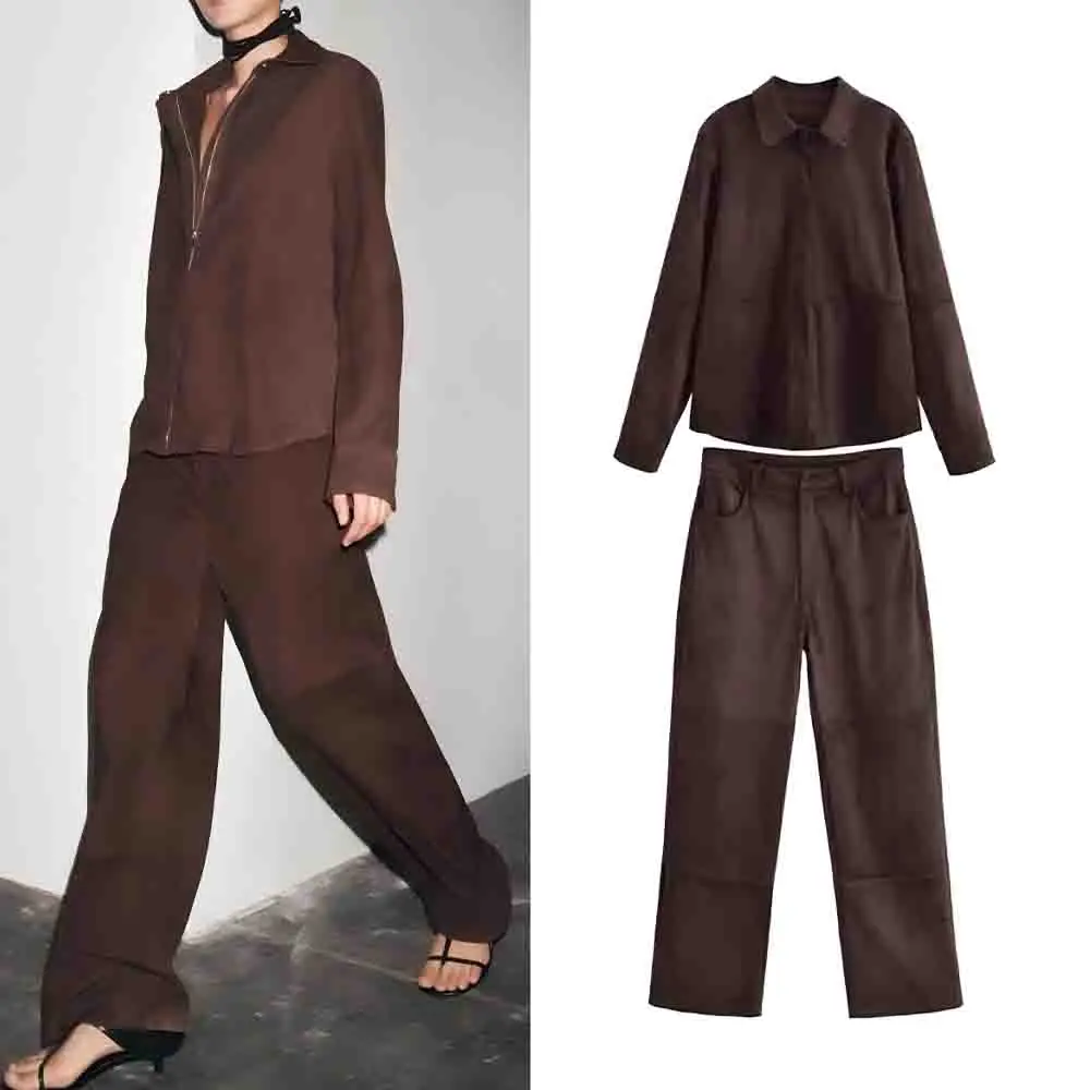 

Women's new fashion zipper cuff design casual double-sided velvet Faux Leather shirt Coat retro women's Coat chic top+Pants suit