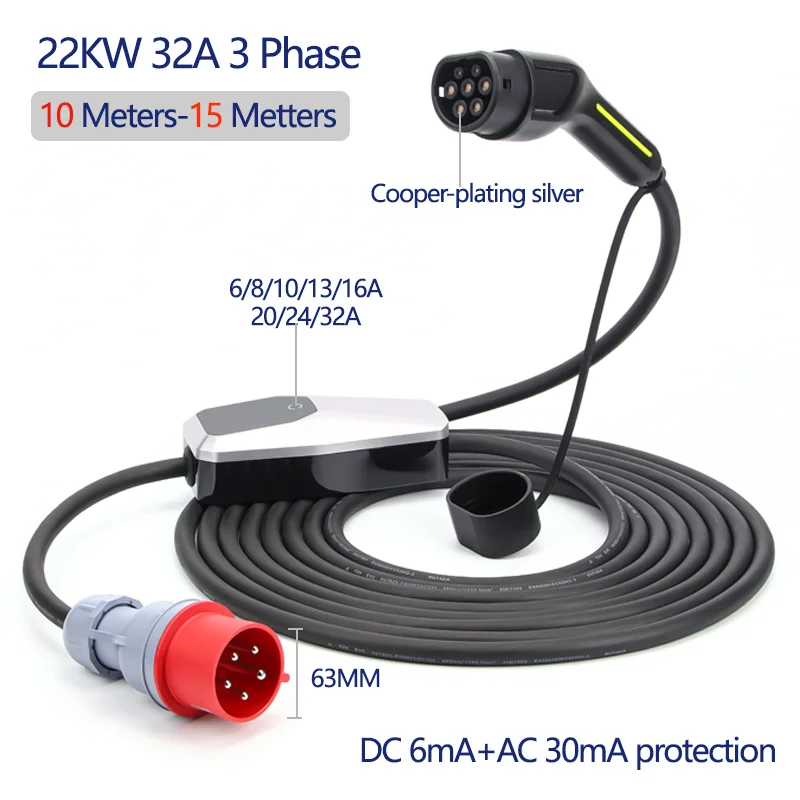 Image of 22KW 32A 3-Phasen Typ 2 Tragbares EV-Ladegerät 10 Meter 15 Meter EVSE-Ladebox Ladestation für Elektroauto-Ladegerät