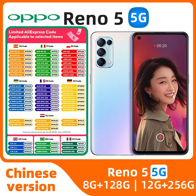 هاتف ذكي Oppo-Reno5 الجيل الخامس بنظام أندرويد ، 6.43 بوصة ، ذاكرة وصول عشوائي 12 جيجابايت ، ذاكرة قراءة فقط 256 جيجابايت ، جميع الألوان ، حالة جيدة ، أصلية ، مستعملة