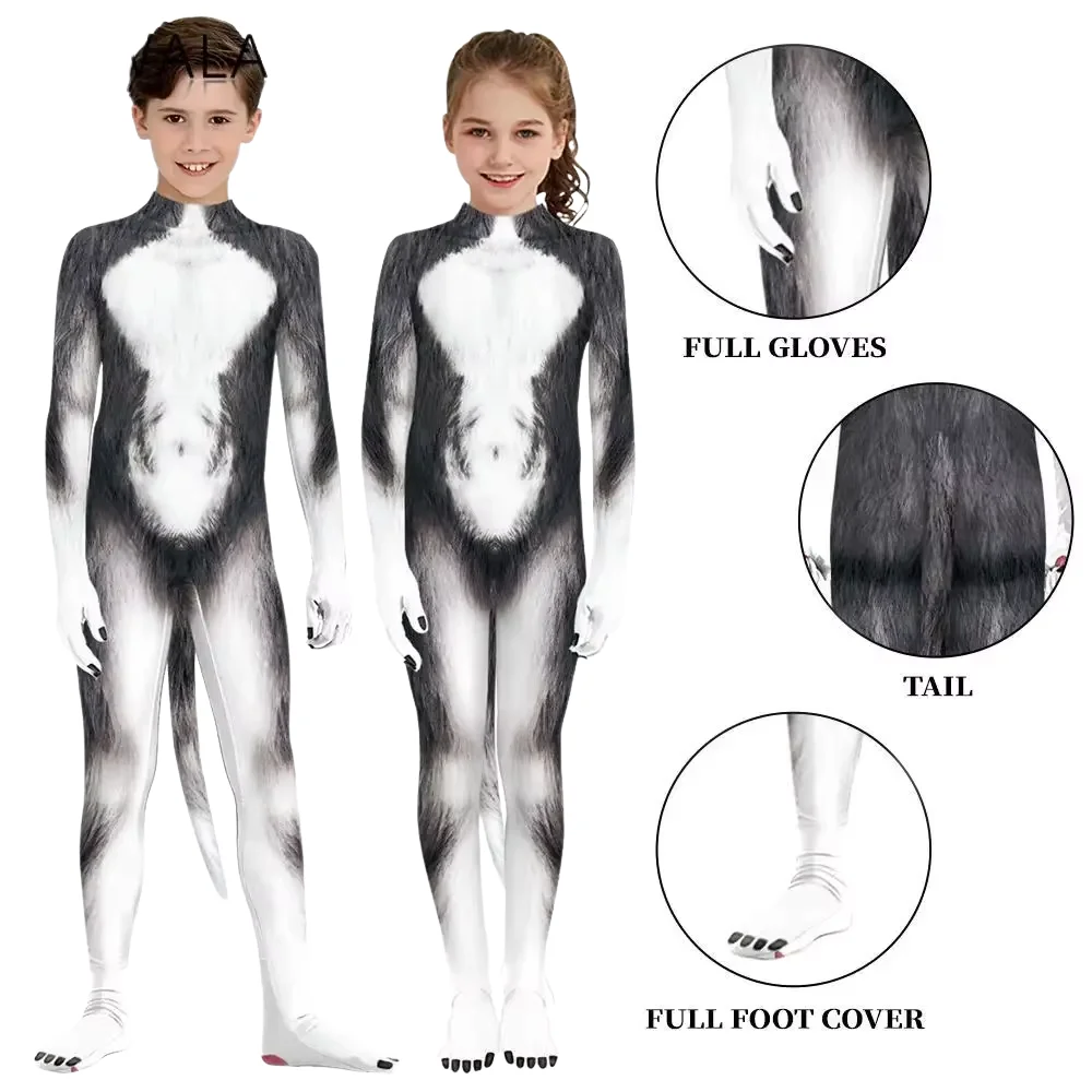Kindertag Tiere Cosplay Kostüm mit Schwanz Karneval Karneval Bär tragen Urlaub Zentai Wolf Bodysuit Performance Anzug