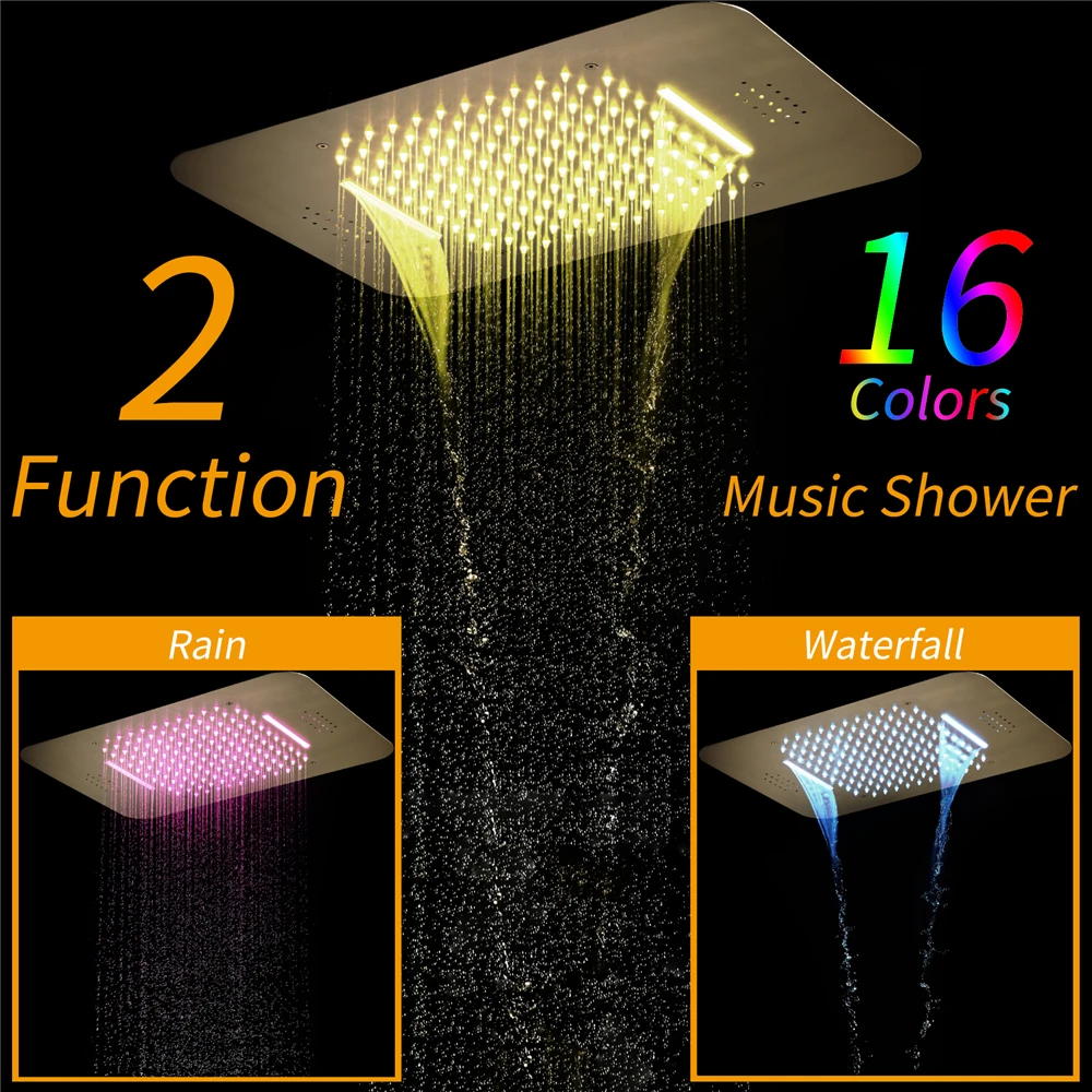 Ceiling Embedded SUS304 LED Shower Head with Music System Spa Shower Waterfall Hot Cold Main Body Bathroom Shower Faucet Set