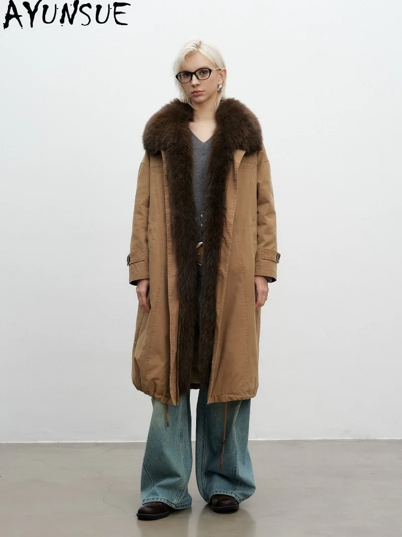 AYUNSUE White Goose Down Parka Women Winter Coat Oversized Genuine Fox Fur Collar Long Length Clothes Loose Fit Пальто Женское