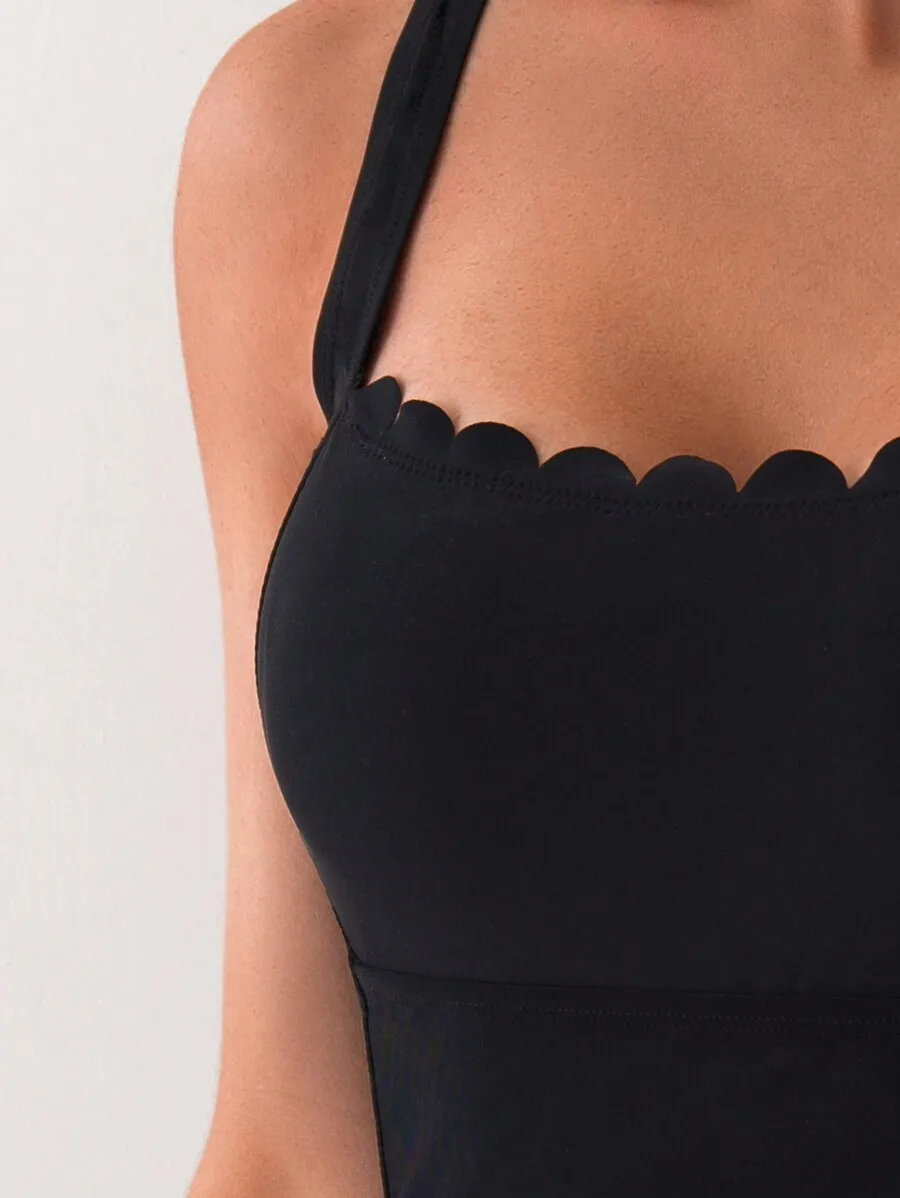 

Solid Black One Piece Swimsuit With Scallop Edge Slim Fit