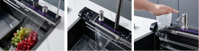 현대적인 304 스테인리스 스틸 싱글볼 싱크대 언더마운트 카운터 설치 나노 스퀘어 레인폴 폭포수 디자인 2개