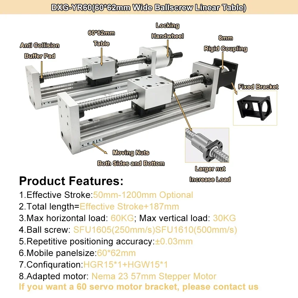 60mm Width CNC XYZ Axis Linear Actuator Electric Manual Driven Ball Screw Nema23 57mm Linear Rail Guide Stage Slide SFU1605/1610