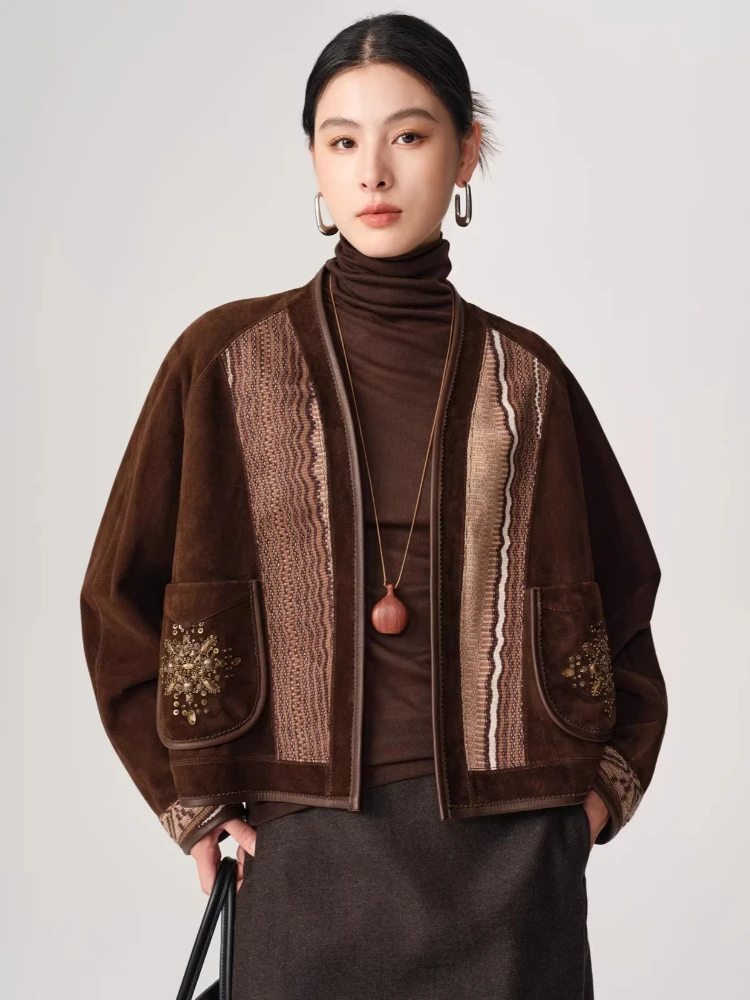 

Classic V-neck Genuine Leather Jackets for Women Spring Autumn 2026 New High-end Simple Vintage Short Real Sheepskin Suede Coat