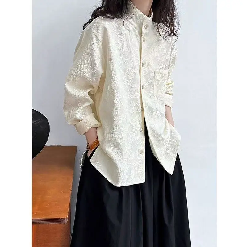 Vintage New Chinese Style Long Sleeved Shirt Men Women Jacquard Button Tops Loose Fit Casual Daily Wear Hanfu Match Mandarin Top