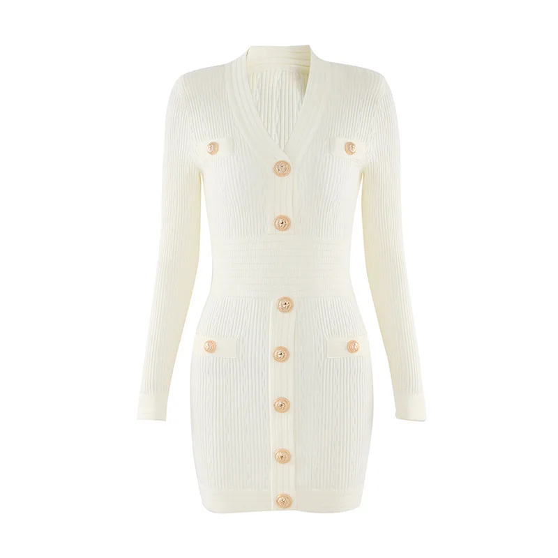 HarleyFashion New Autumn Designing Luxurious Long Sleeve V-neck 4 Colors Sheath Casual Knitted Mini Dress