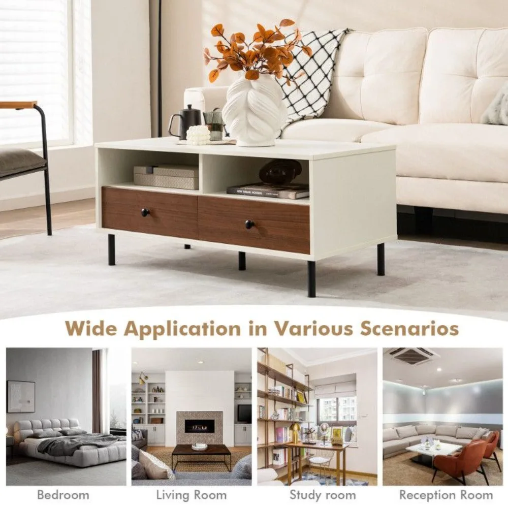Mesa de centro retangular moderna de 2 camadas e 40 polegadas de comprimento com prateleira de armazenamento e gavetas, mesas de café