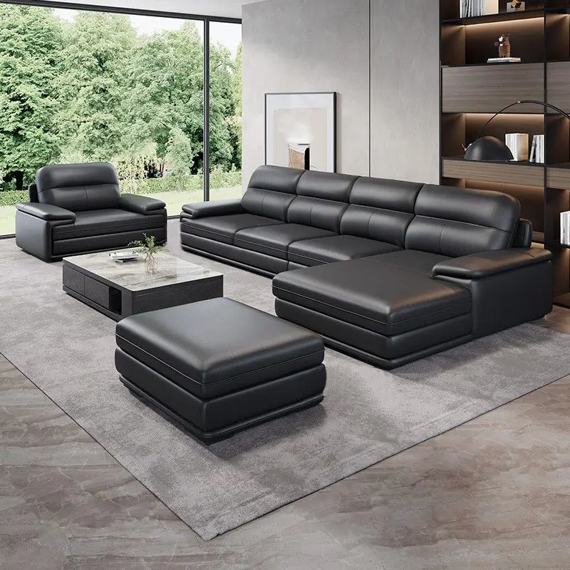 

Black leather sofa living room straight row small apartment corner princess leather sofa