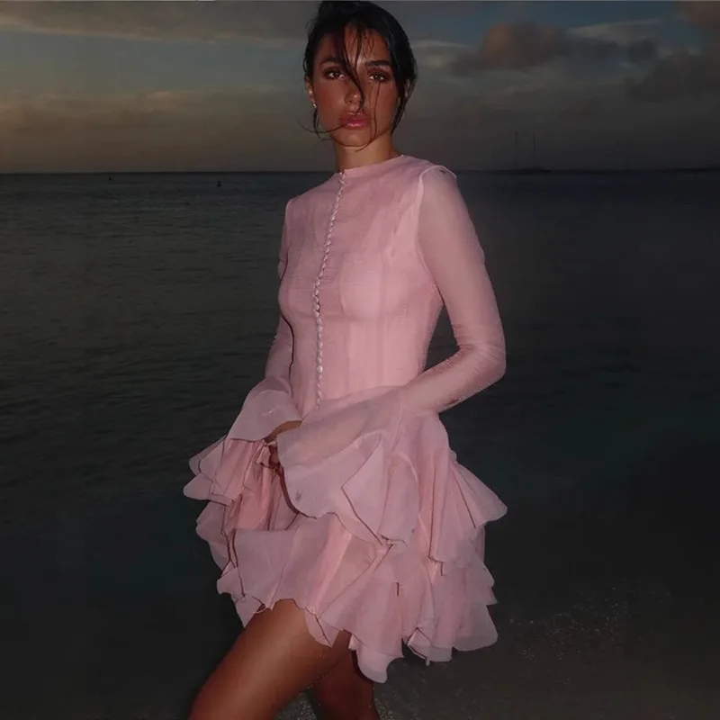 

Lady Spring and Autumn's New Niche Design Long-sleeved Slimming Ruffled Dress with Buckles and Flower Buds Women Wedding Dresses