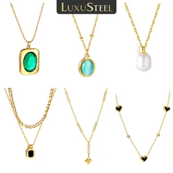 LUXUSTEEL Cubic Zirconia Pendant Necklace Stainless Steel Crystal Female Necklace Waterproof Imitaiton Pearl Men Chain Pendant