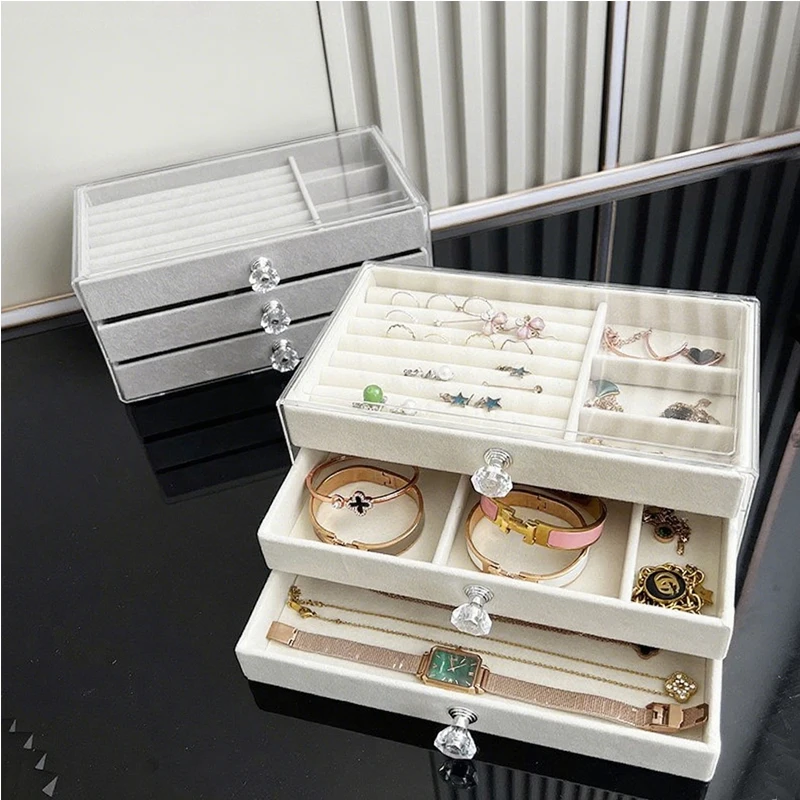 

Acrylic Velvet Jewelry Organizer 3 Drawers Clear Stackable Storage Box for Rings Earrings Necklaces Bracelets,Home & Travel Use