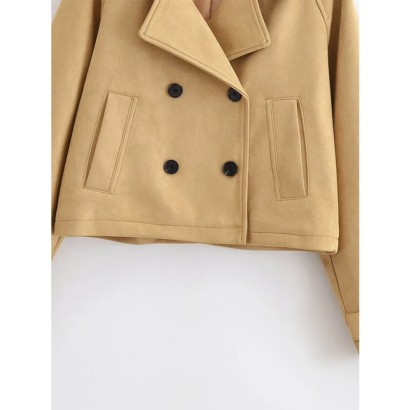 سترة نسائية كاكي مزدوجة الصدر بأكمام طويلة وياقة على شكل طية صدر السترة للخريف والشتاء معطف قصير أنيق ملابس نسائية أنيقة