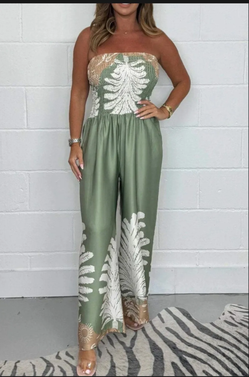 Summer Fashion Satin Printed Strapless Jumpsuit Women Sexy Elastic Strapless High Waisted Wide Leg Jumpsuit Women