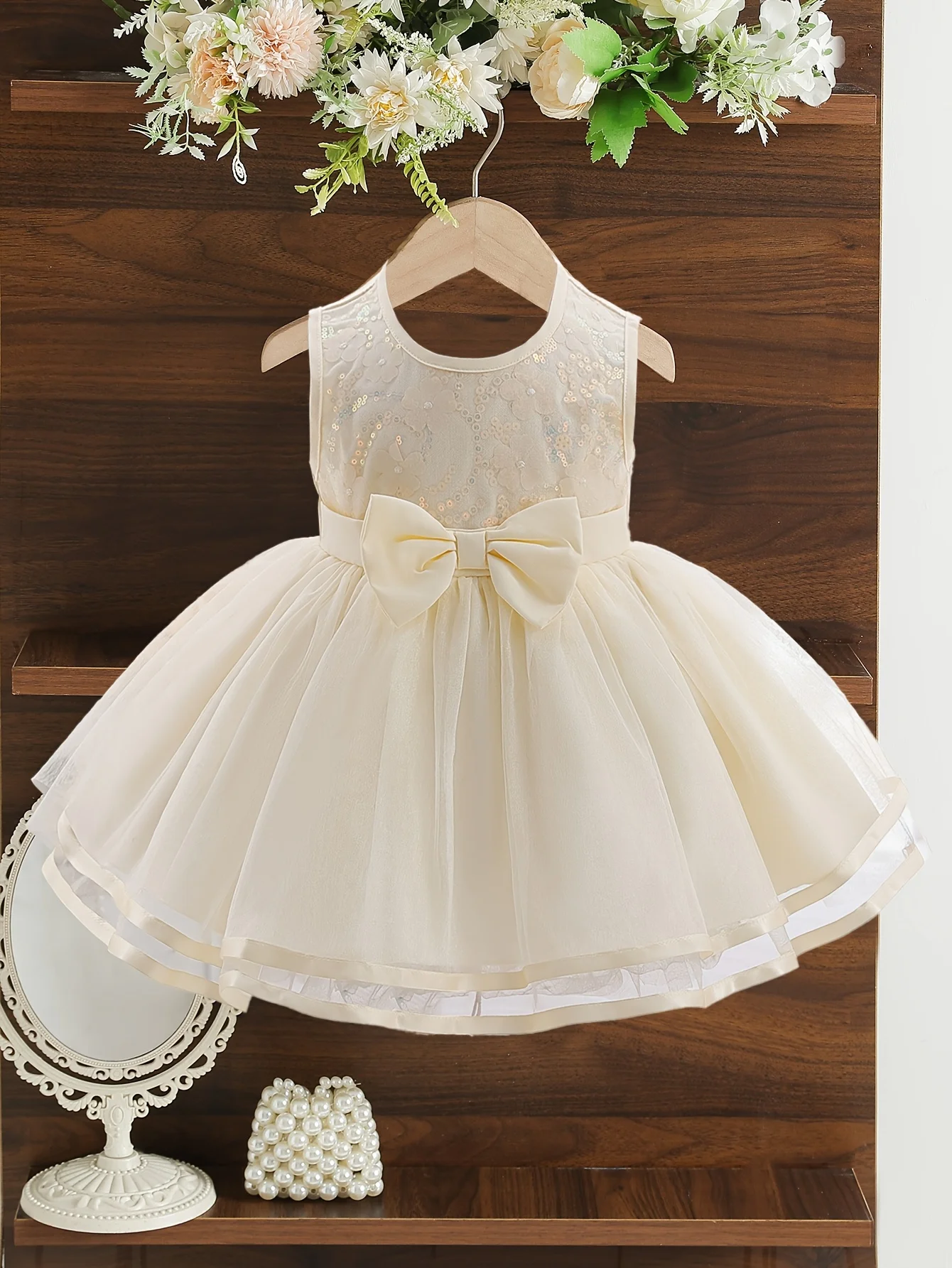 

Baby Girl Champagne Princess Dress: Sequin Bodice + Oversized Bow + Tulle Puff Skirt | Valentine's Day Gift / Baby Birthday Gift