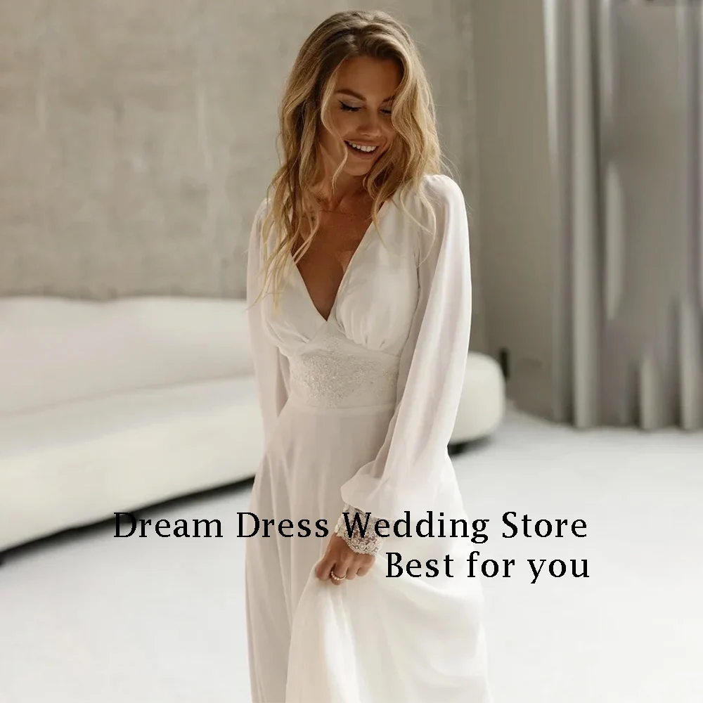 DREAM Elegant Long Beads Wedding Dresses V-Neck Backless Floor-Length A-Line Brides Dress Tailor-Made Women Vestidos De Novias