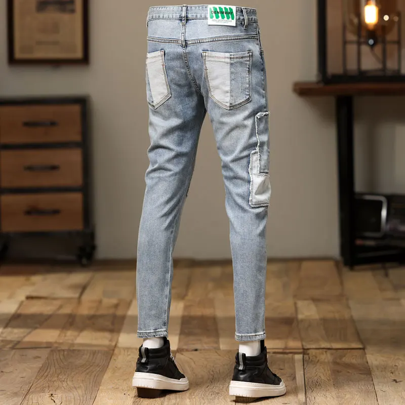 Streetwear Fashion Men Jeans Retro Light Blue Stretch Slim Fit Ripped Jeans Men Patched Designer Elastic Hip Hop Denim Pants