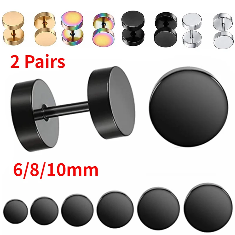 2 Pairs Stainless Steel Barbell Stud Earring For Men Women 6-10mm Black Earrings For Men Stud Punk Fake Ear Gauge Earring Stud