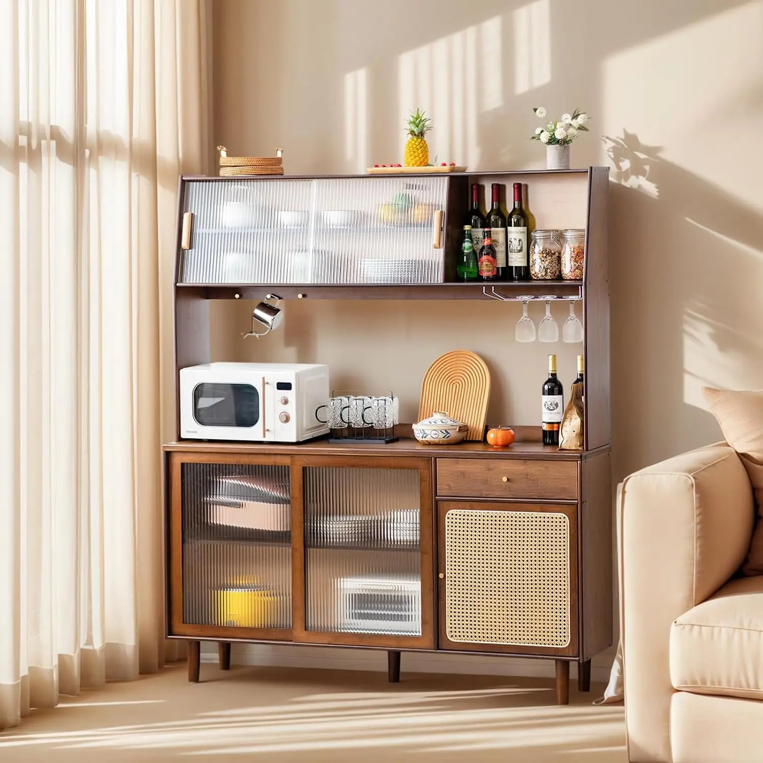 Rattan Wood Kitchen Hutch Pantry Cabinet, Boho Bamboo Sideboard Buffet Storage For Living Room Bar Hallway, 69