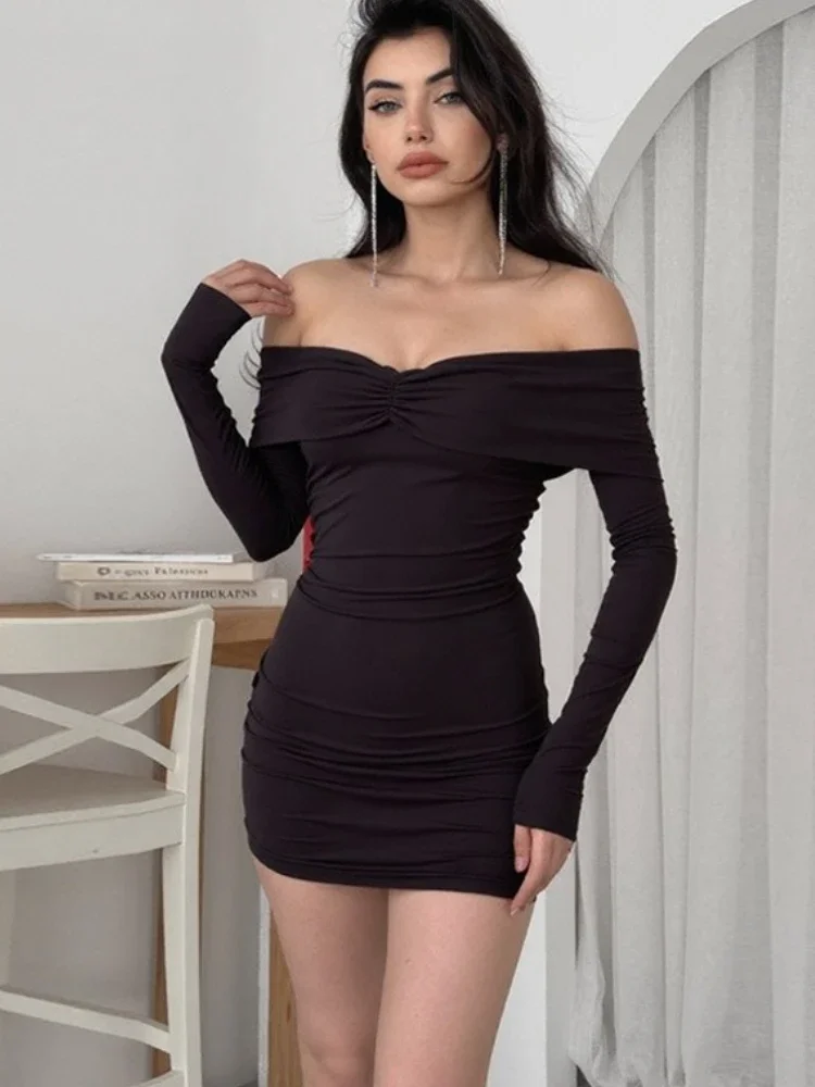 

Fmxires Sexy Slash Neck Strapless Bodycon Dress For Women Solid Long Sleeves Slim Y2k Party Dress Evening Women's Mini Dress New
