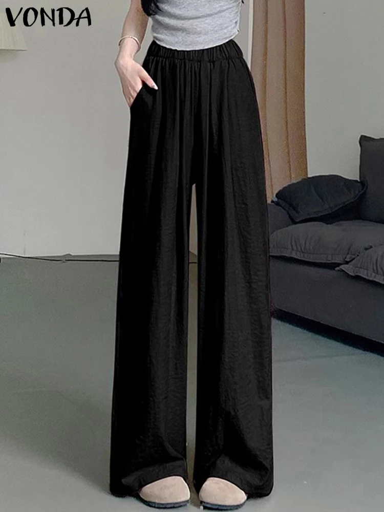 

VONDA Korean Women Long Pants 2024 Casual Simple Trousers Wide Leg Oversize Pants Elegant Elastic-waisted Streetwear Bottoms