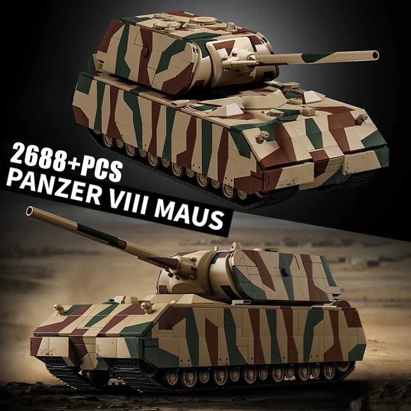 Klocki konstrukcyjne wojskowe z II wojny światowej, 2688 elementów, niemiecki czołg ciężki Panzer VIII Maus, techniczny czołg bojowy, zabawka, prezent.