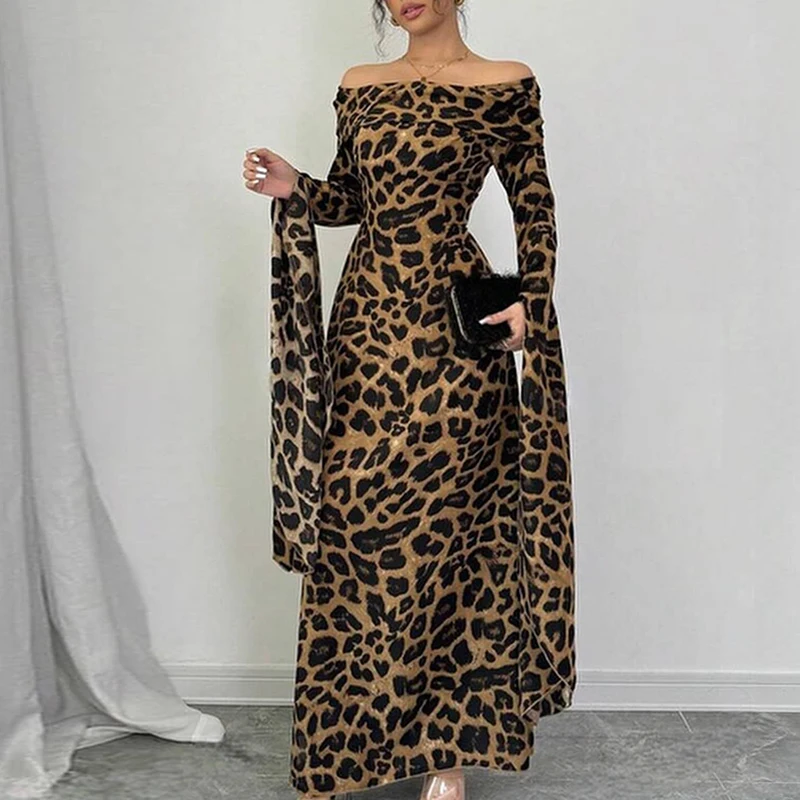 2024 Sexy Split Long Sleeve Slim Party Dress Women Fashion High Waist Bodycon Dress Elegant Slash Neck Leopard Print Long Dress