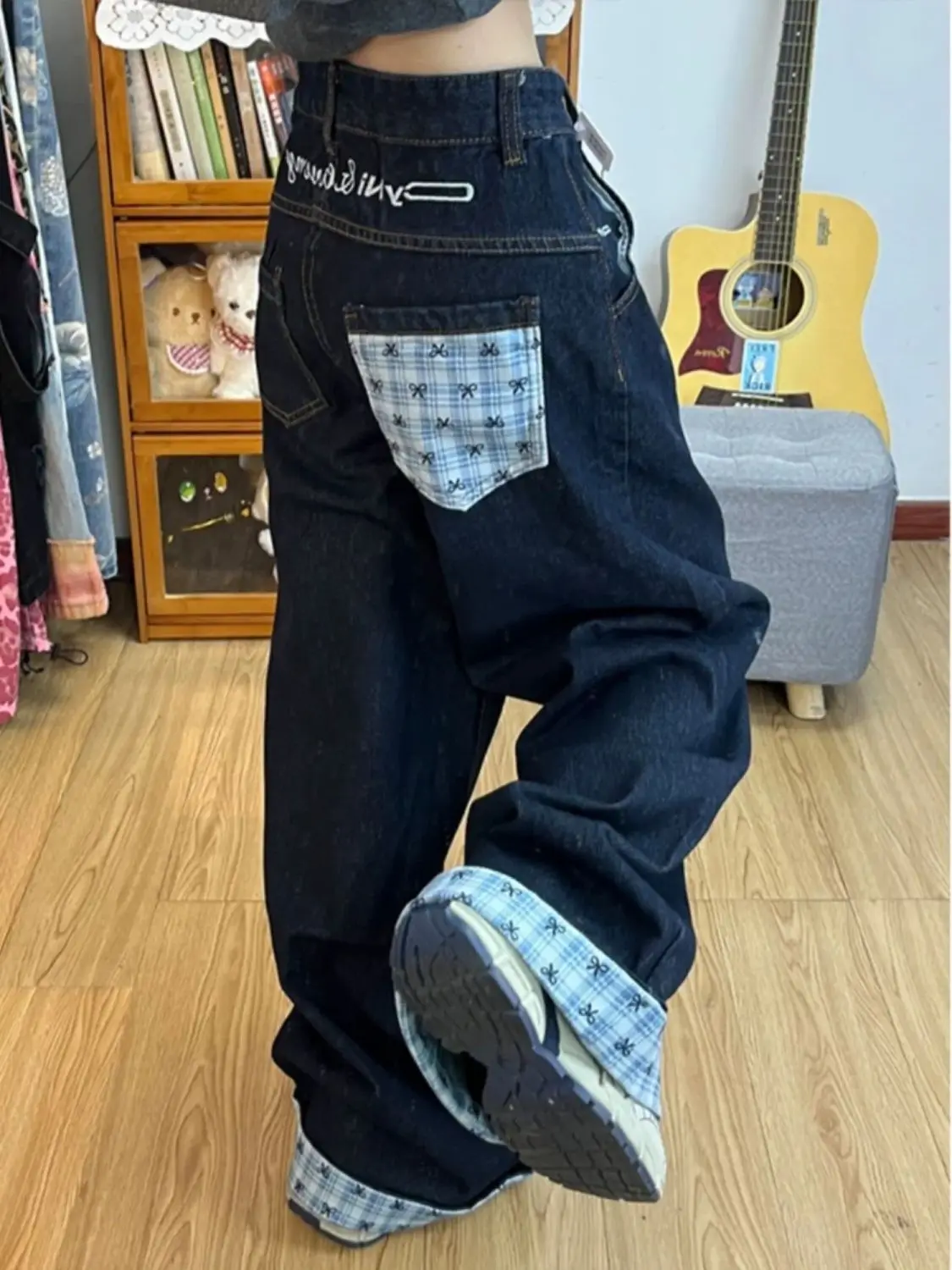 

Blue Plaid Splicing Jeans American Knot Flip Design Loose Slim Wide Leg Pants Casual High Waist Long Pants Denim