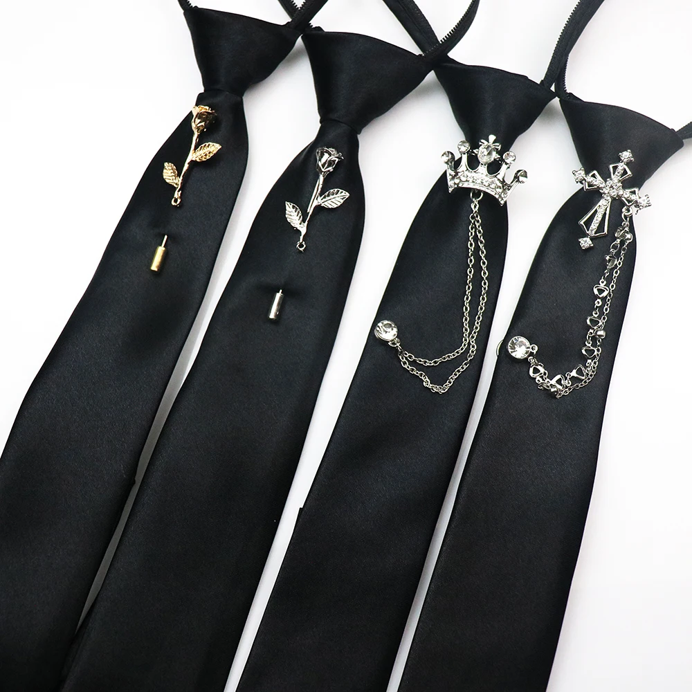 Новый роскошный ленивый галстук длиной 38 см для мужчин и женщин, черные, красные галстуки с цветочной короной, броши, булавки для цепочек, зажим для галстуков, свадебный галстук