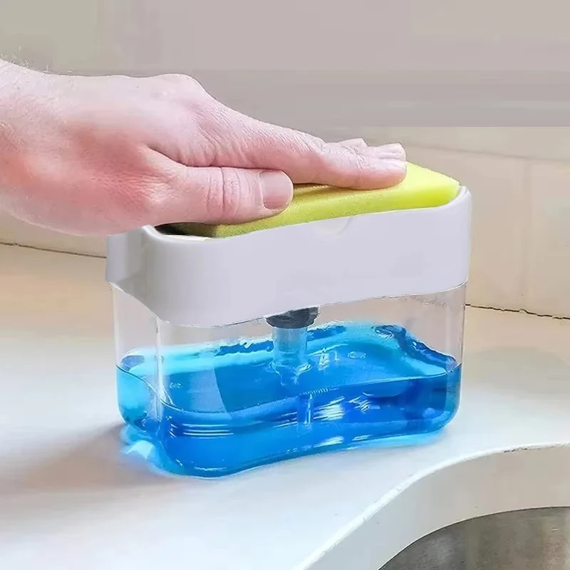 Press Soap Dispenser Box Scrubbing Liquid Container Kitchen Bathroom Automatic Detergent Foam Delivery Box with Sponge Holder