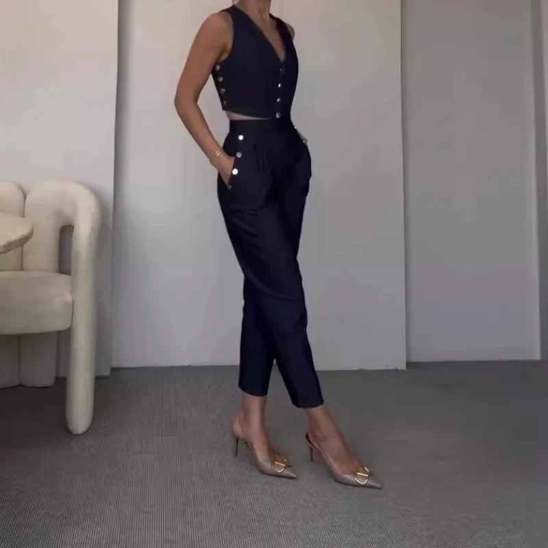 Two Piece Sets Women Slim Pants Set V Neck Sleeveless Work Y2k Vest Tops High Waist Elegant Splice Straight Long Pants Summer