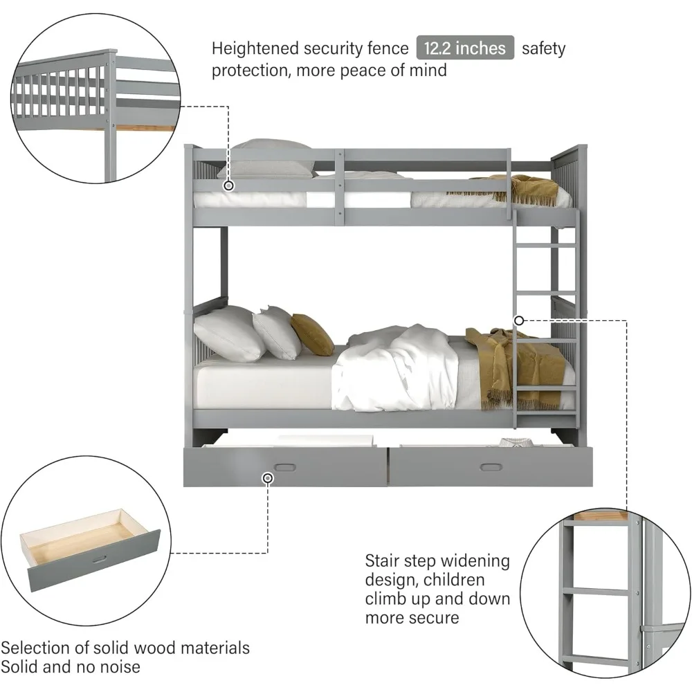 سرير خشبي بطابقين مع أدراج، سرير خشبي بطابقين قابل للتحويل مع سلالم ودرجين تخزين، إطار سرير من الخشب الصلب قابل للفصل #4