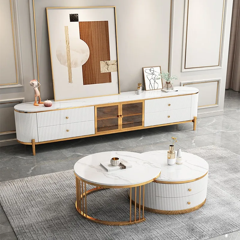 طاولة قهوة فاخرة خفيفة من بلاطة الصخور وخزانة تلفزيون وغرفة معيشة راقية وشقة صغيرة وغرفة نوم بسيطة ما بعد الحداثة وزجاج أبيض #2