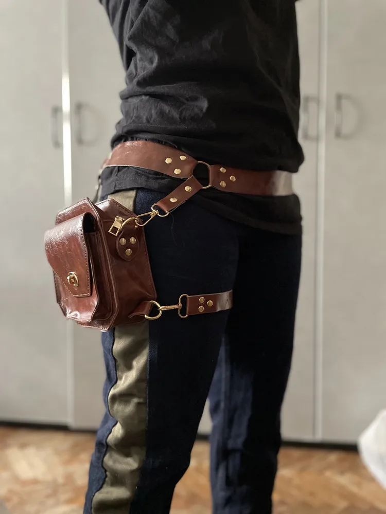 Steam Punk Retro PU Waist Bag Hip Packs For Women\'s Crossbody Cross Multi-function Outdoor Leg Phone Pouch Fanny Pack Belt Bag