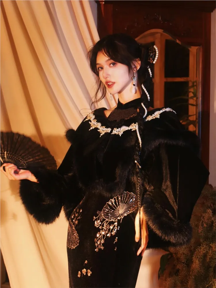 

New Chinese-style fleece and thickened fur all-purpose black design sense cape warm coat short