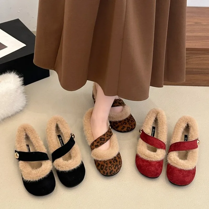 Leopard Print Plush Flats for Women, 2026 Autumn-winter New Style, One-piece Slip-on, Padded Cotton Shoes