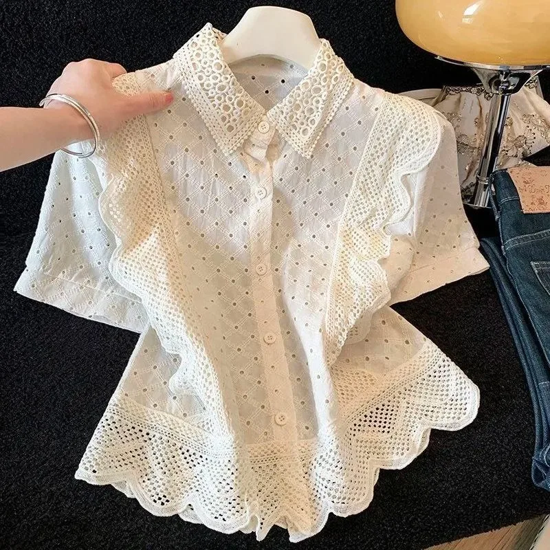 French Elegant Lace Hollow Shirt Women Ruffle Short Sleeve Lapel Blouse Summer Slim Chic Top