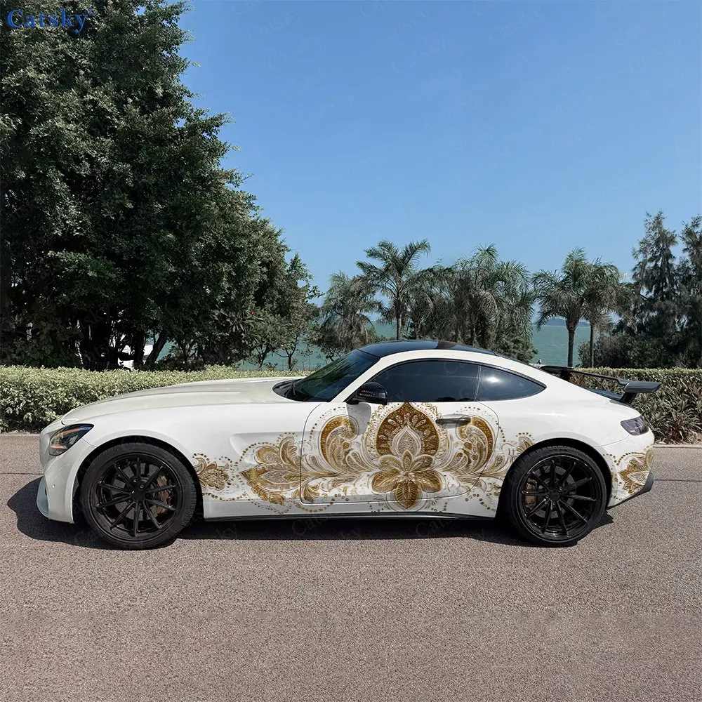 2pcs Gilded Mandala Car Side Wraps, Self-Adhesive PVC Waterproof & Scratch-Resistant Stickers, Car Accessory Gift