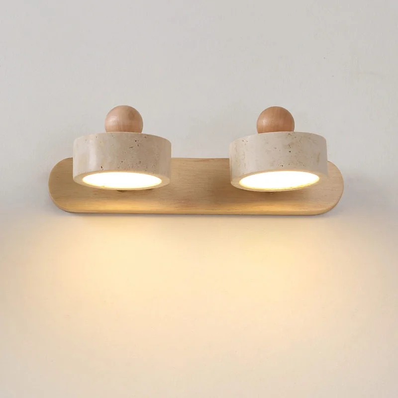 Nordic Wabi Sabi Solid Wood Wall Lamp Travertine Double Head Round Ball Minimalist Japandi Cream Style Hallway Wall Sconce Light