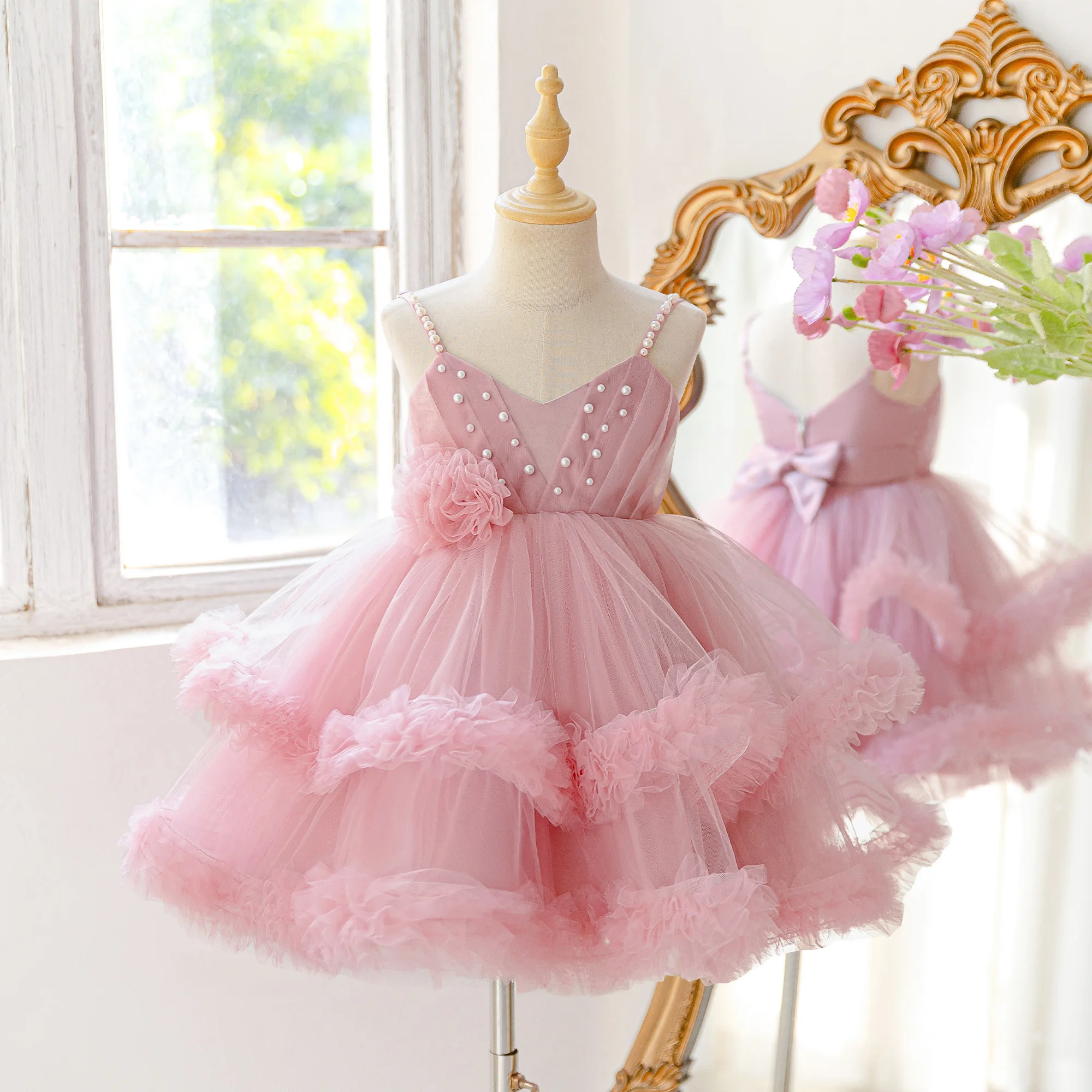 Elegantes Blumen-Partykleid für Mädchen, formelles Tüllkleid für Geburtstag, Hochzeit, Prinzessinnen-Ballkleid, Mädchenkleid mit Schleife, Brautjungfernkleid, Klavier-Abendkostüm – Detail 3