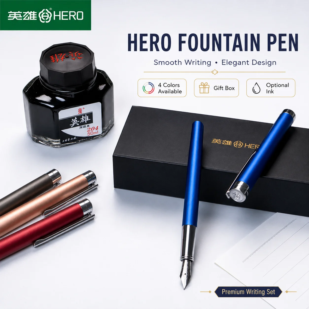 HERO 8203 Fountain Pen, 0.5mm Stainless Steel Irridium Nib, 4 Colors, Gift Box, Swivel Ink Converter, Slip-Resistant for Writing