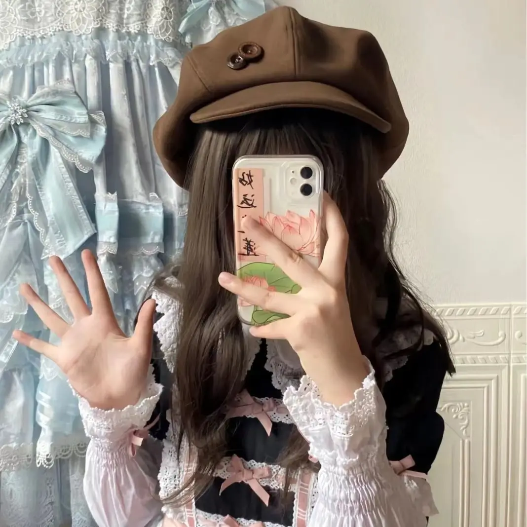 Sweet Kawaii Button Retro Cloud Cap Autumn Winter Warm Wide Brim England Octagonal Cap Newsboy Beret Cap Female Gorras Mujer