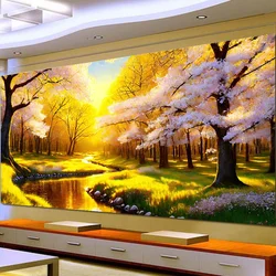 5D DIY Large Diamond Painting Cross Trees Sakura Forest with River Landscape Wall Art, Full Round Drill, Embroidery Home Decor