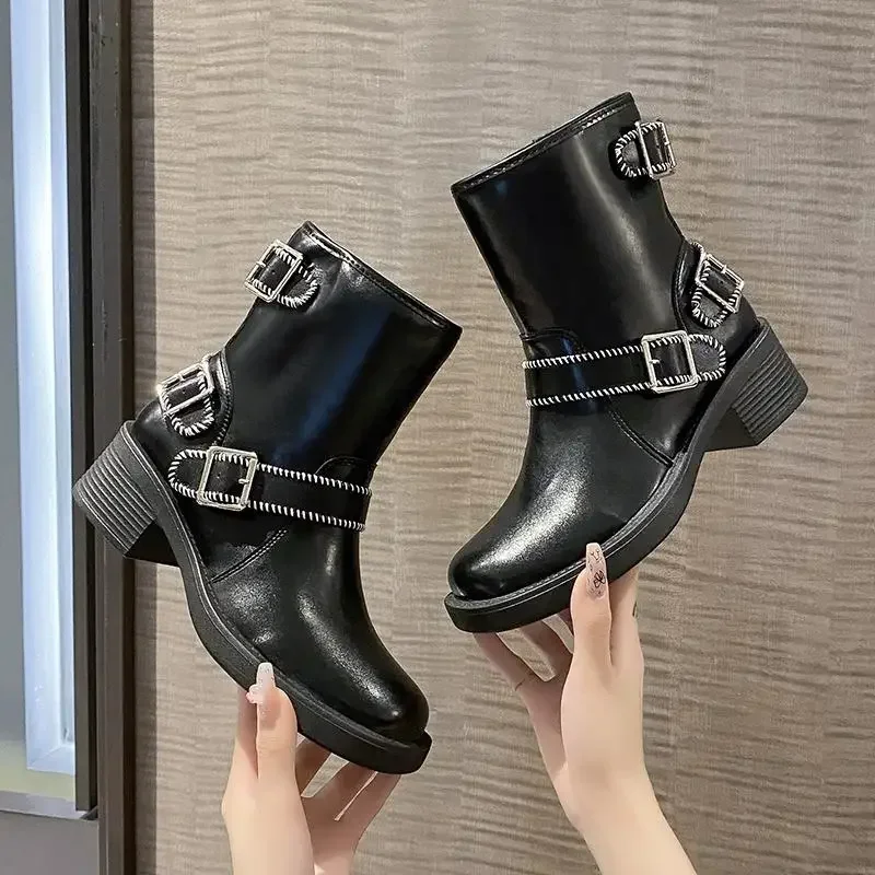 

High Quality Fashion Women's Boots Trend Silver Buckle Decoration Knight Boots Women Round Head Western Cowboy Boots Botas Mujer